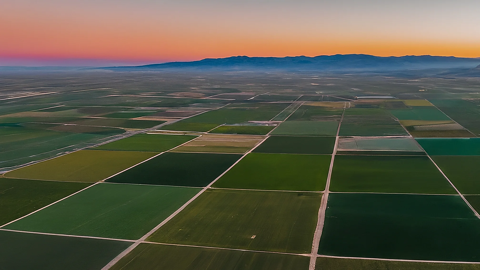 Precision agriculture aerial view of California farmland at dawn