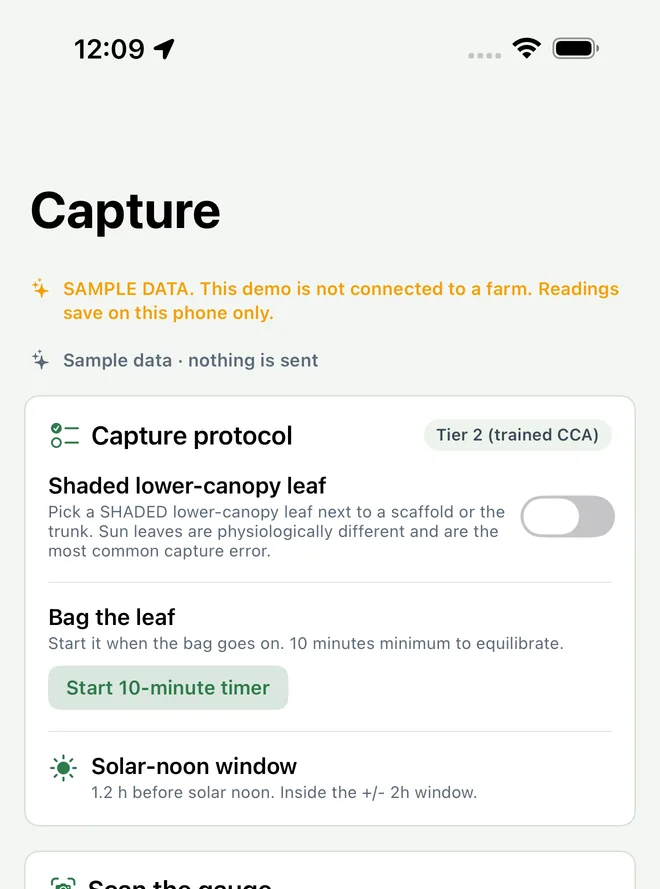 Sample data: the capture screen in the app, the protocol a crew follows to take an SWP reading on the tree